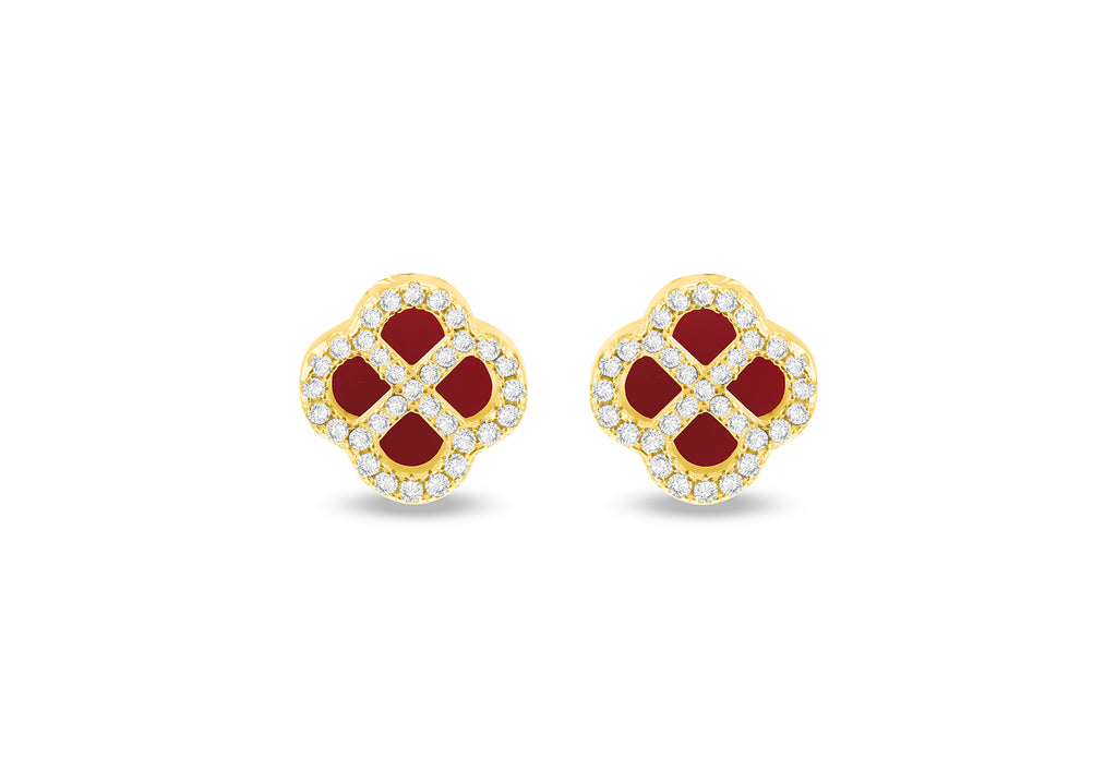 Gold Plated Red Agate Clover & White Zirconia Stud Earrings