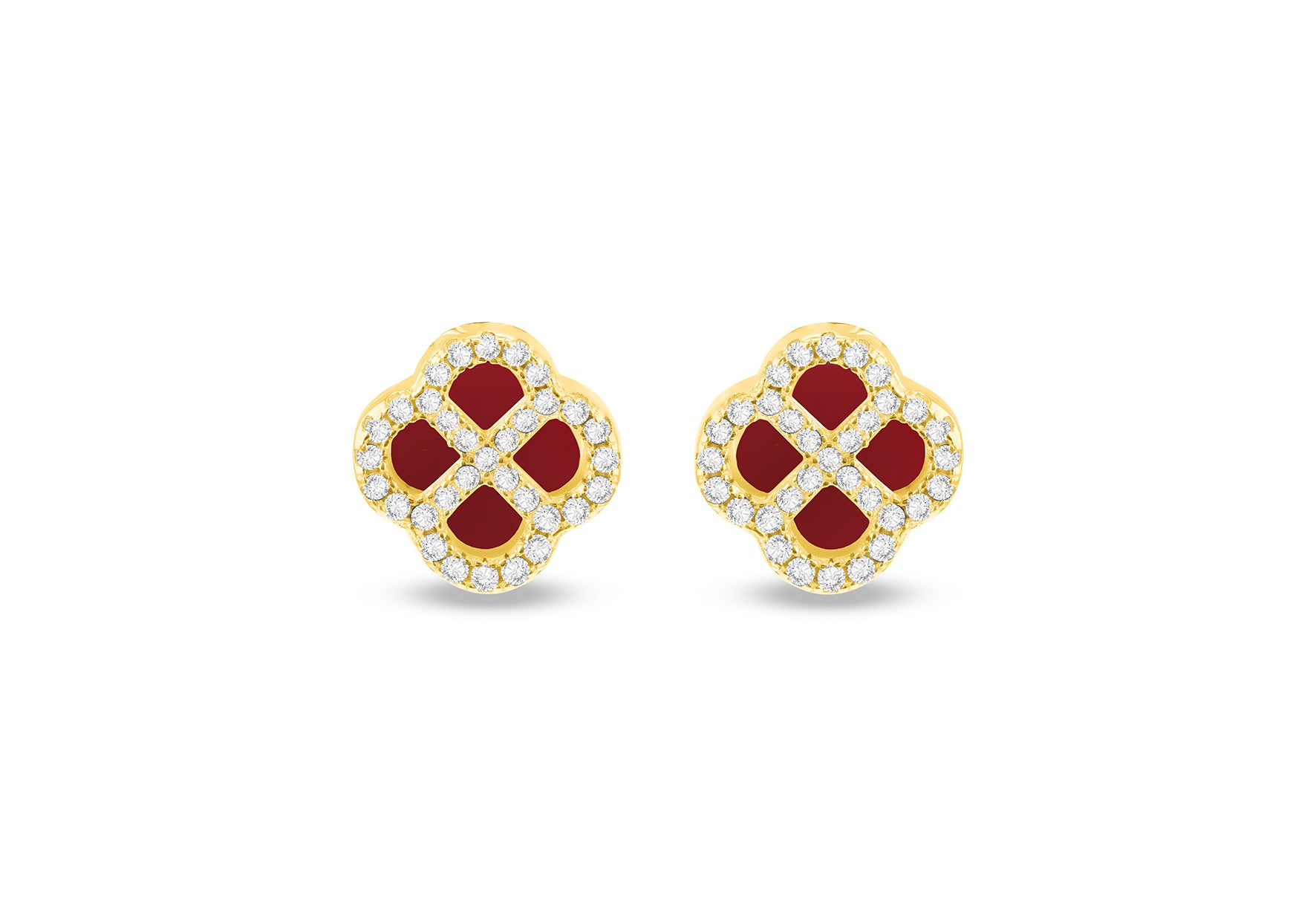 Gold Plated Red Agate Clover & White Zirconia Stud Earrings