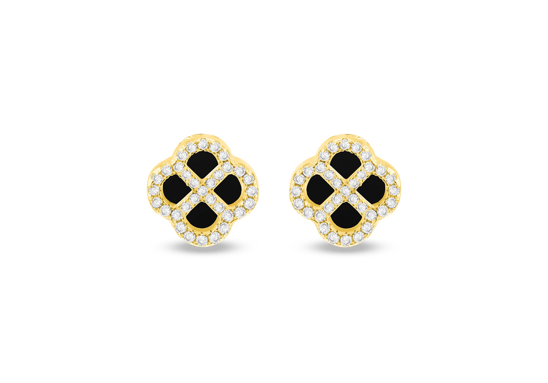 Gold Plated Silver Black Agate Clover & White Zirconia Stud Earrings