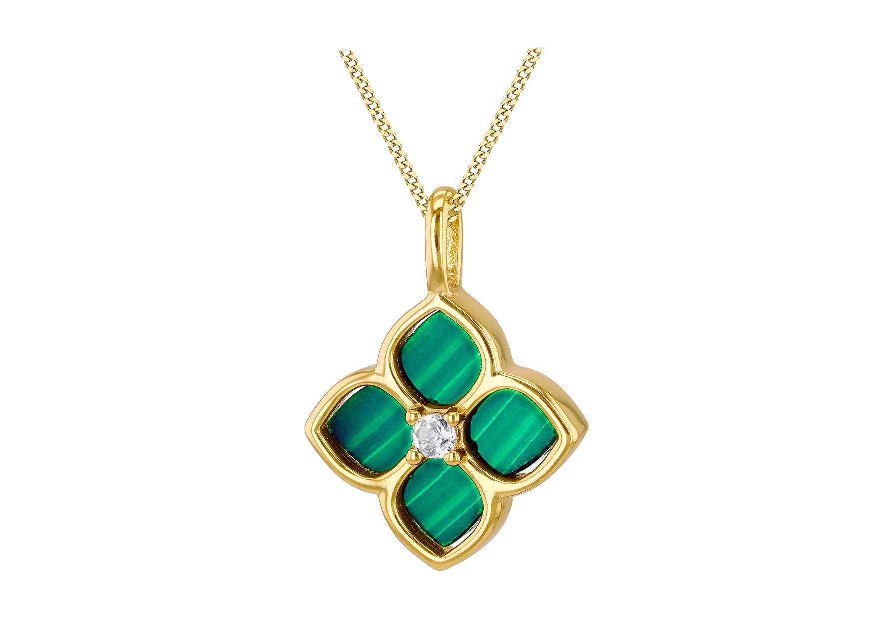 Gold Plated Sterling Silver Malachite Flower & White Zirconia Pendant
