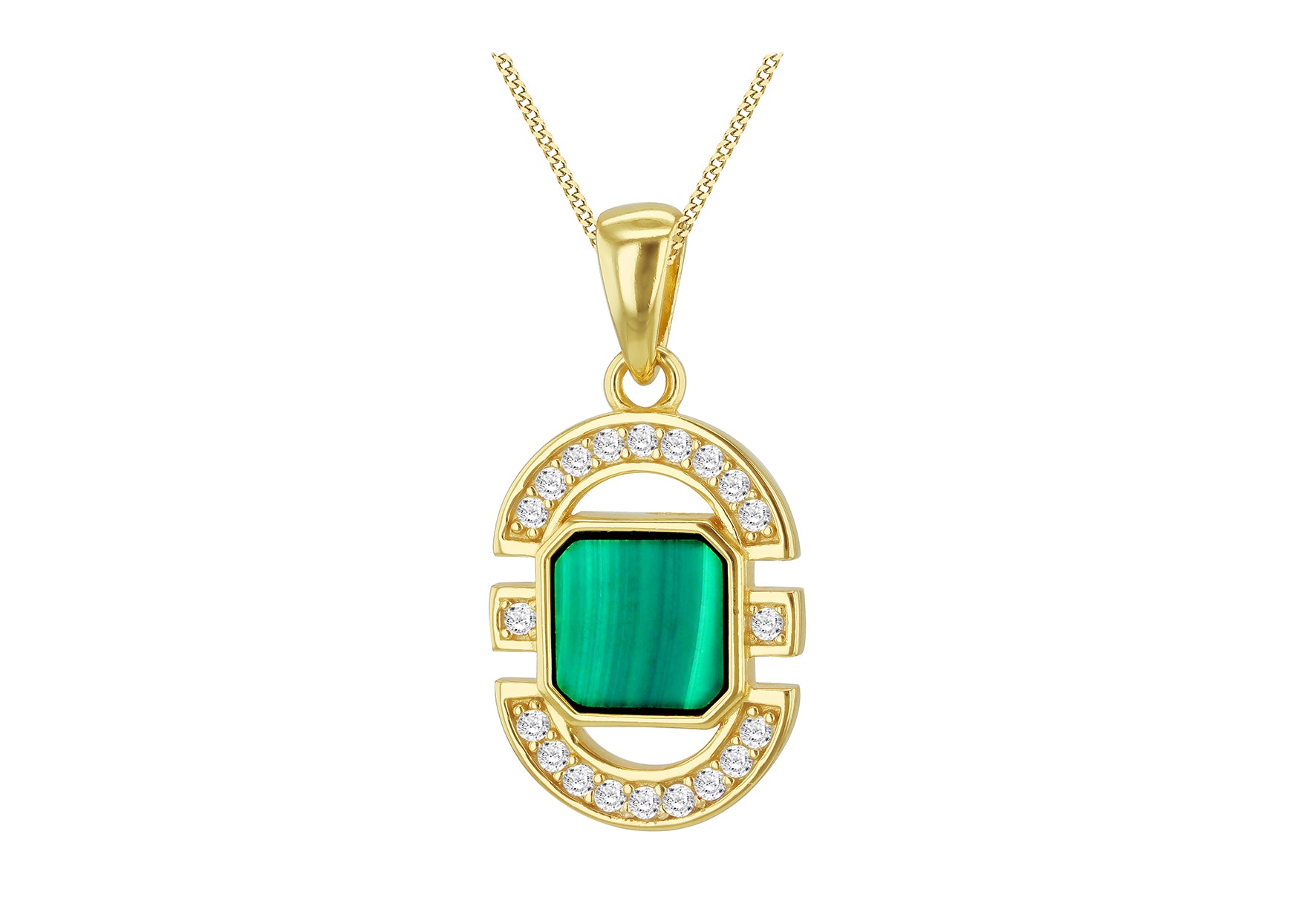 Gold Plated Silver Malachite & White Zirconia Art Deco Pendant