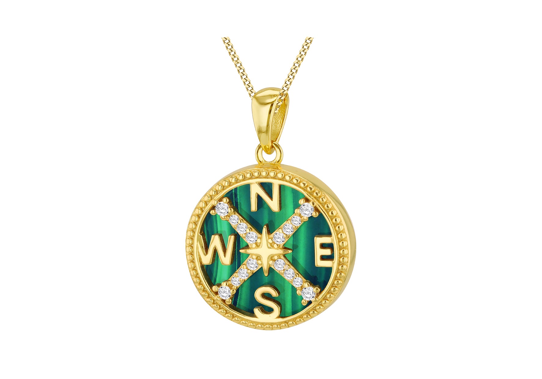 Gold Plated Sterling Silver Malachite & White Zirconia Compass Pendant