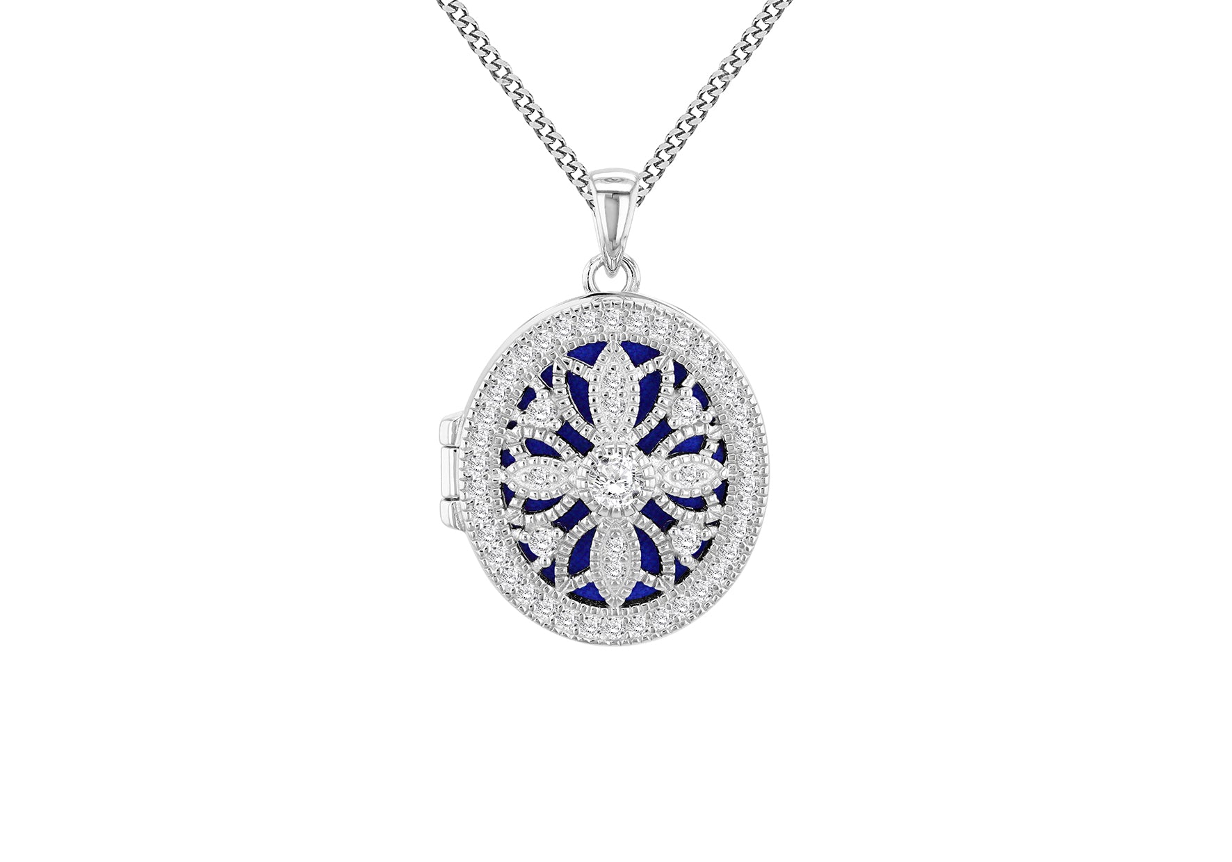 Sterling Silver Filigree Oval Zirconia Locket Pendant