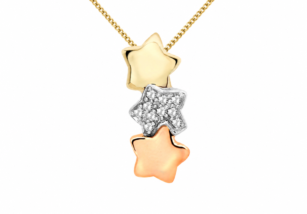 9ct 3-Tone Gold 0.10ct Diamond Triple Star Slider Pendant