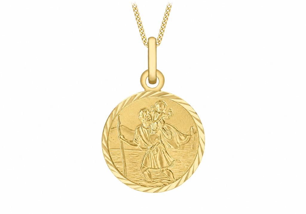 9ct Gold Diamond-Cut Edge St Christopher Medal Pendant Necklace