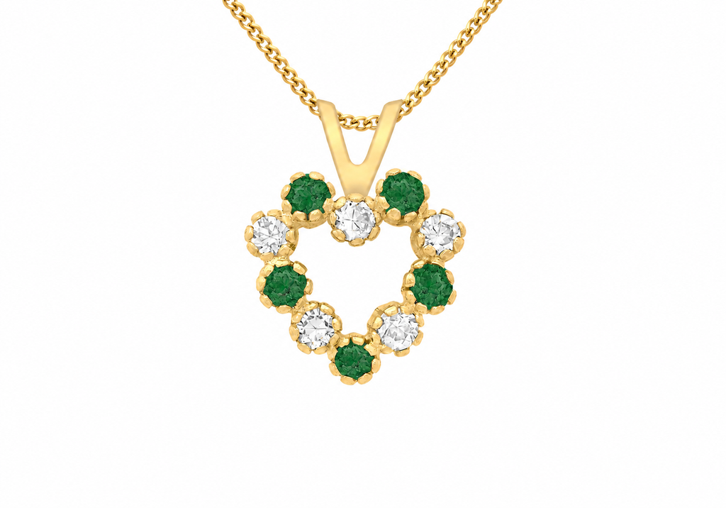 9ct Gold Green & White Stone Garland Heart Pendant Necklace