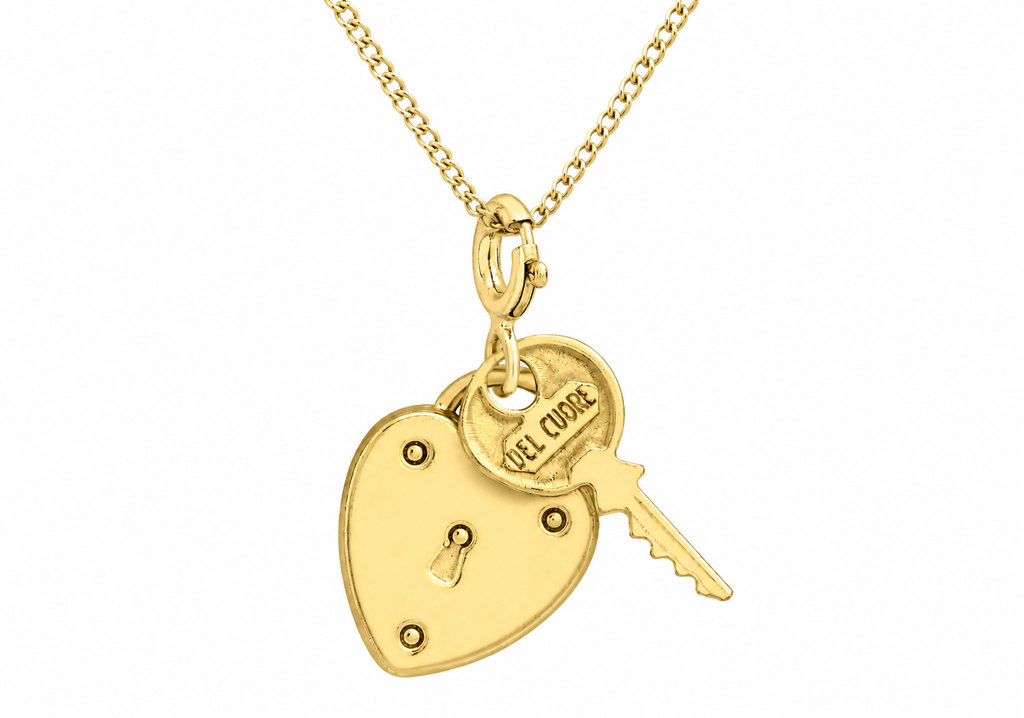 A gold heart-shaped padlock pendant necklace with a key charm, shown on a white background. The padlock is engraved with 'FUEL FORCE' on the key ring.

Details