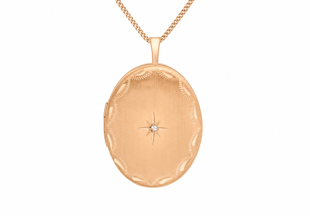 9ct Rose Gold 0.01ct Diamond Set Etched Oval Locket