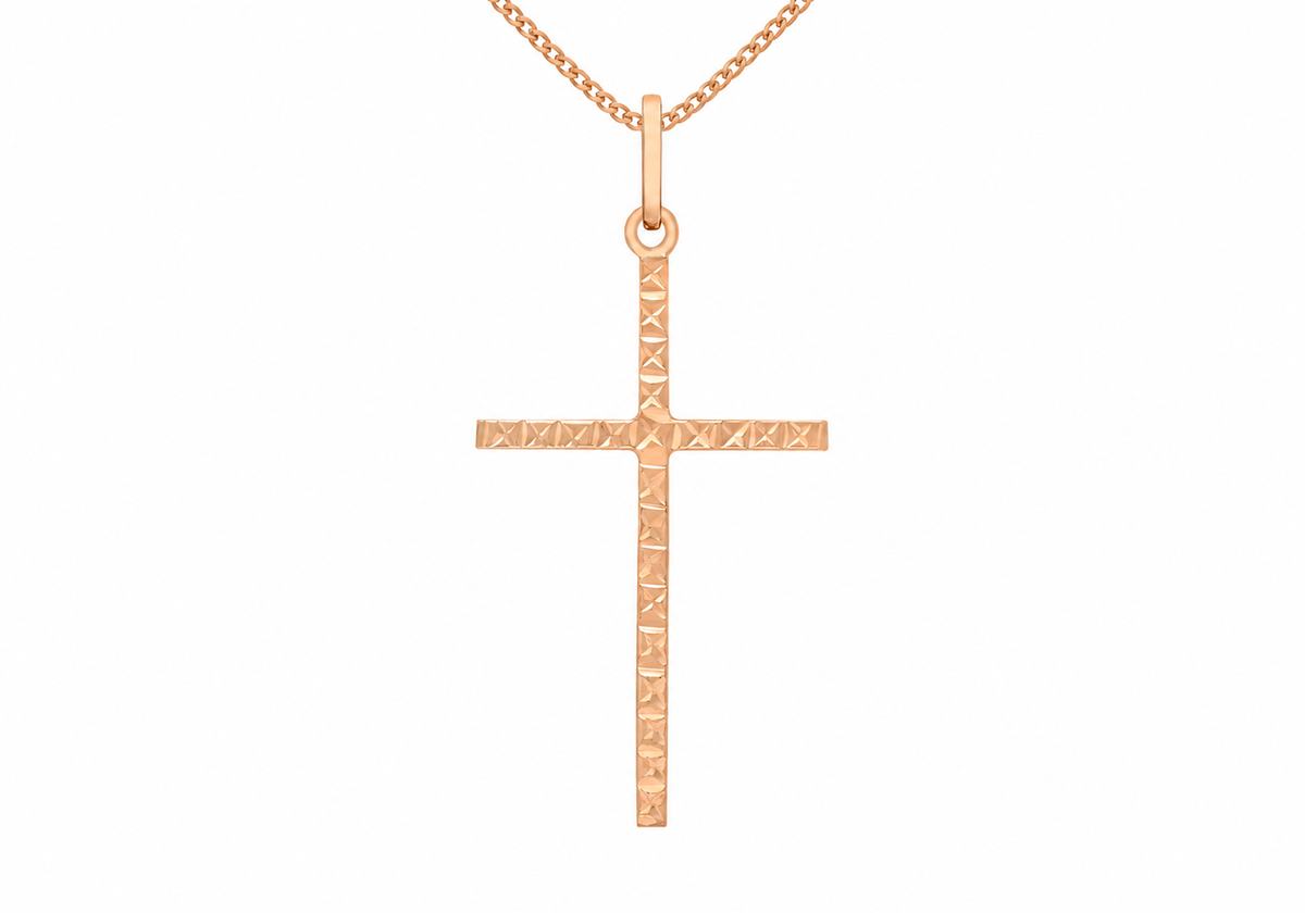 9ct Rose Gold Diamond-Cut Slim Cross Pendant Necklace