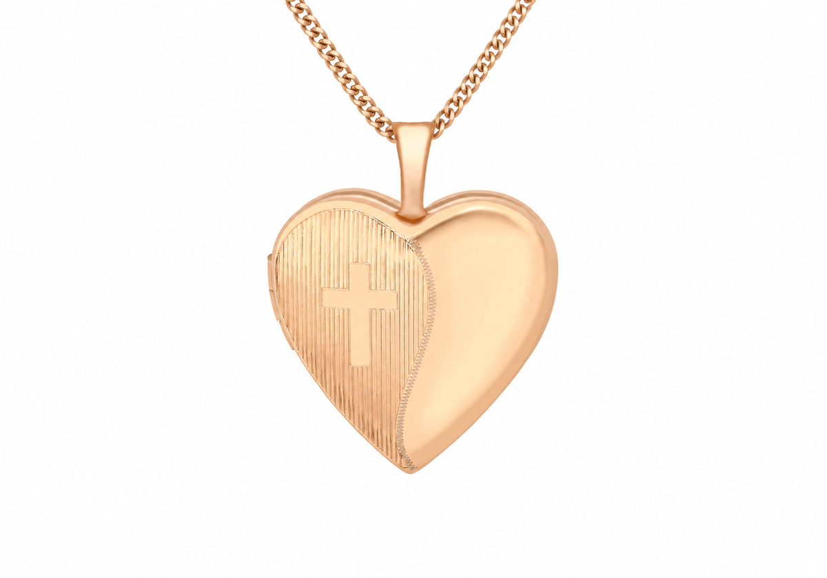 9ct Rose Gold Etched Cross Detail Heart Locket