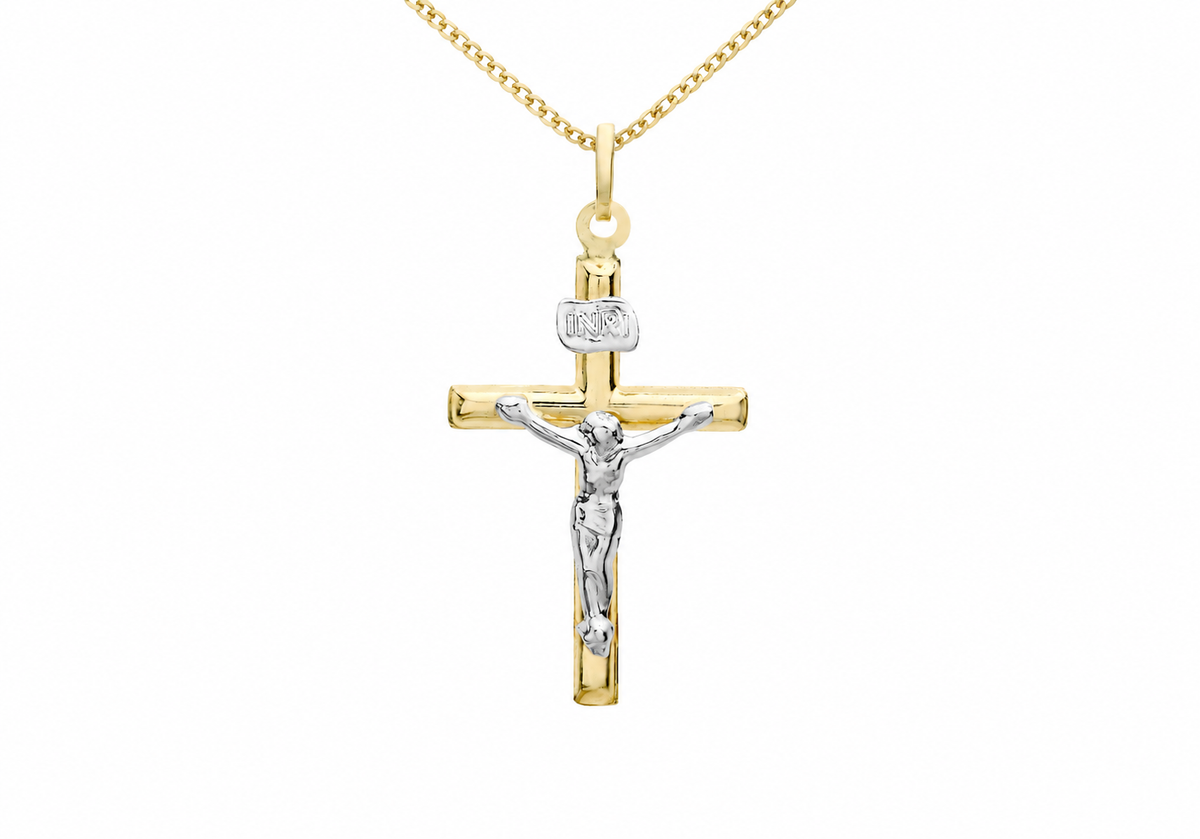 9ct Two-Tone Gold Slim Crucifix Pendant Necklace