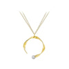 A gold open hoop pendant necklace with a twisted, fluid crescent shape and a small round clear gemstone at the bottom, shown on a plain white background.