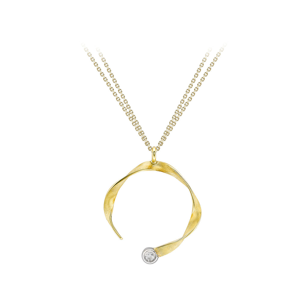 A gold open hoop pendant necklace with a twisted, fluid crescent shape and a small round clear gemstone at the bottom, shown on a plain white background.