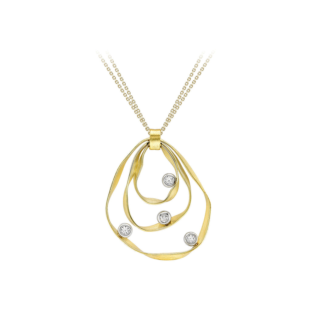 A gold necklace with a modern, abstract layered teardrop pendant featuring four small round-cut clear gemstones, set against a plain white background.