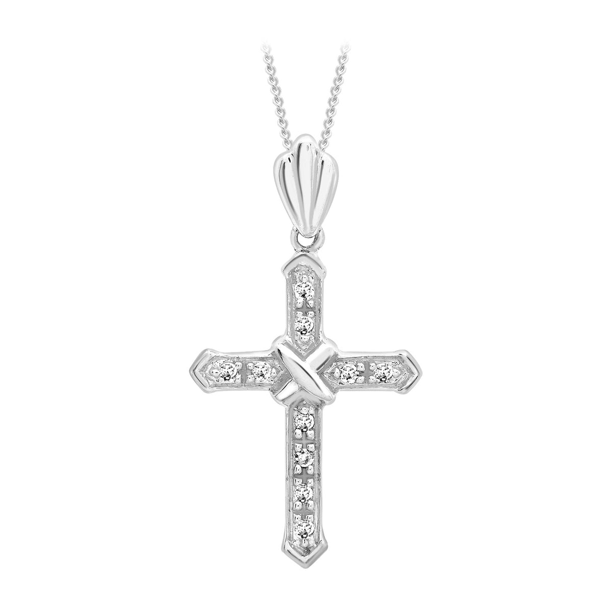 A silver cross pendant necklace paved with small clear stones, suspended from a delicate silver chain against a plain white background.