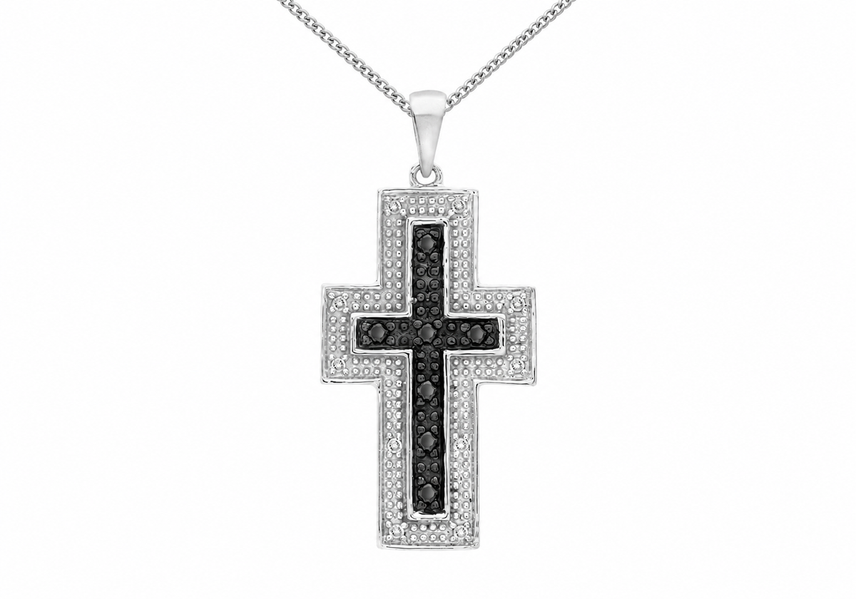9ct White Gold 0.15ct Black & White Diamond Cross Pendant