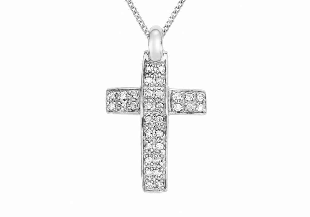 9ct White Gold 0.20ct Pave Set Diamond Cross Pendant