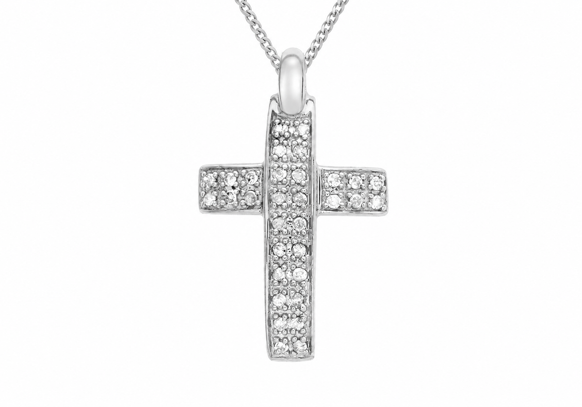 9ct White Gold 0.20ct Pave Set Diamond Cross Pendant