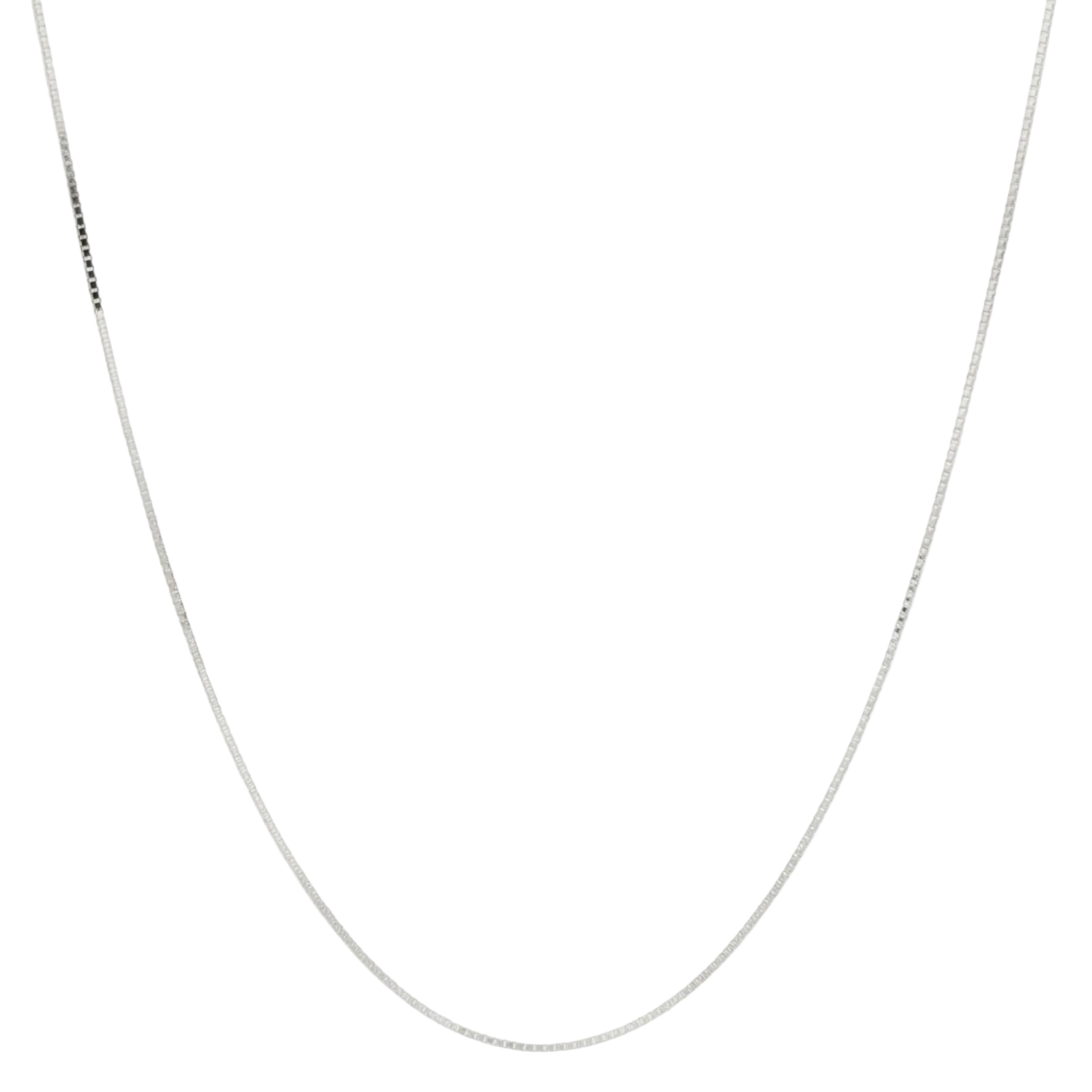 A delicate silver chain necklace, shown draped in a U-shape against a plain white background.