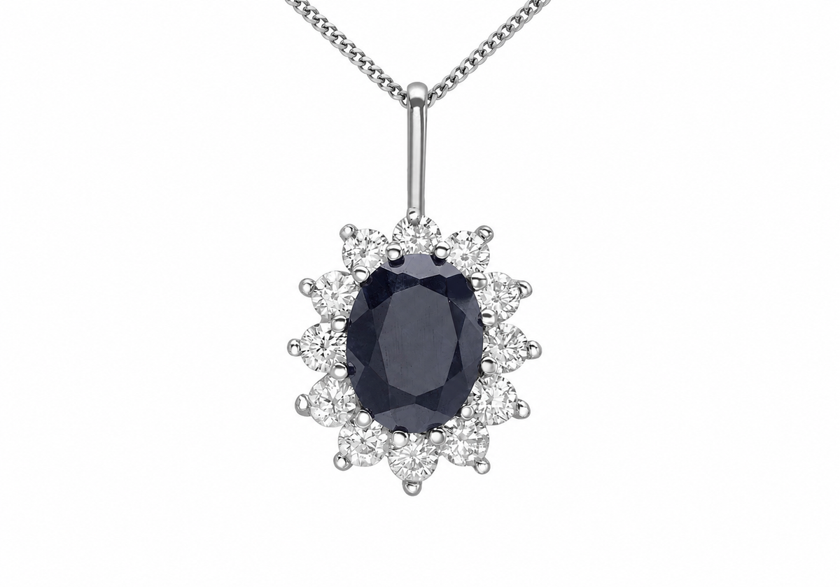 9ct White Gold Black Sapphire & White Zirconia Cluster Pendant