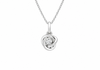 A silver necklace with a knot pendant featuring a small clear gemstone in the center, shown against a plain white background.
