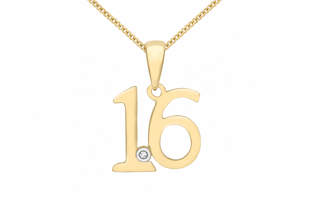 9ct Yellow Gold 0.005ct Diamond Set '16' Pendant