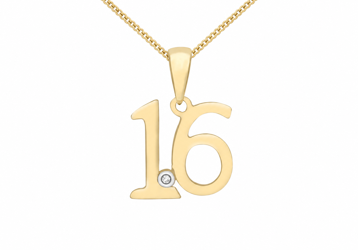 9ct Yellow Gold 0.005ct Diamond Set '16' Pendant