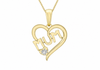 A yellow gold heart-shaped pendant necklace with the word 'Mum' cut into the center, featuring a small clear heart-shaped diamond accent, shown on a white background.