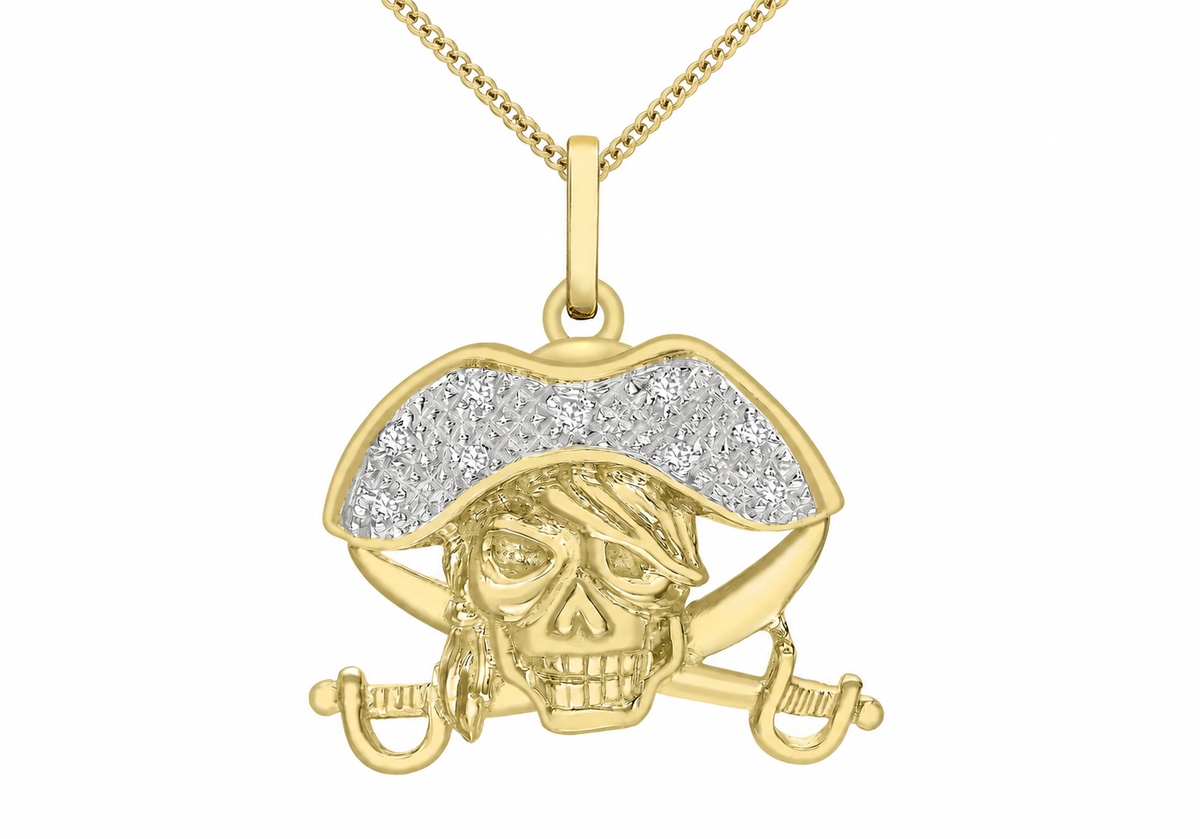 9ct Yellow Gold 0.04ct Diamond Pirate Skull Pendant