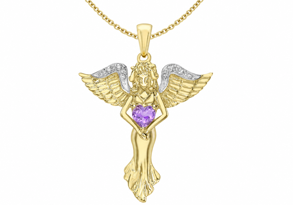 9ct Yellow Gold 0.05ct Diamond & Amethyst Guardian Angel Pendant