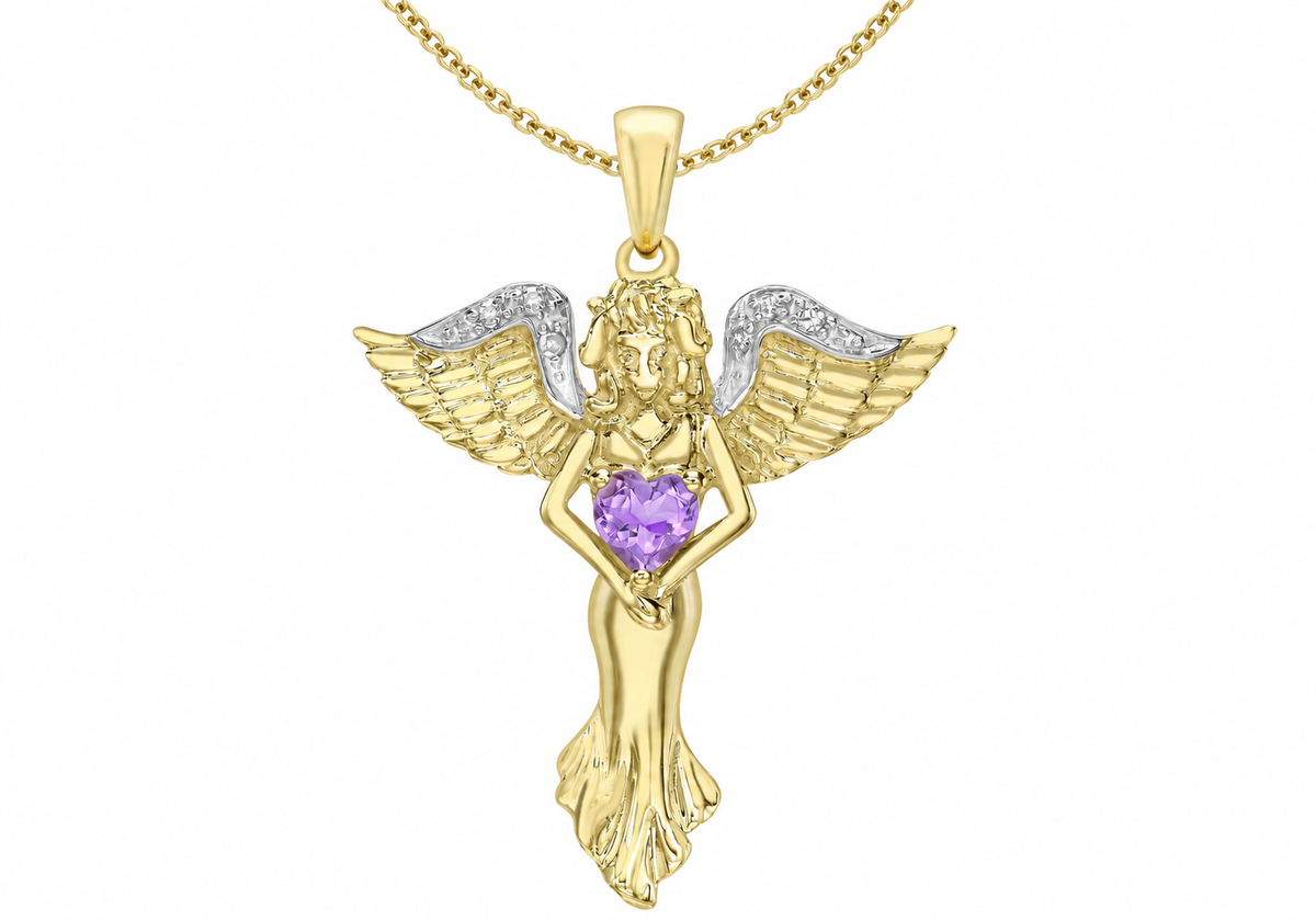 9ct Yellow Gold 0.05ct Diamond & Amethyst Guardian Angel Pendant