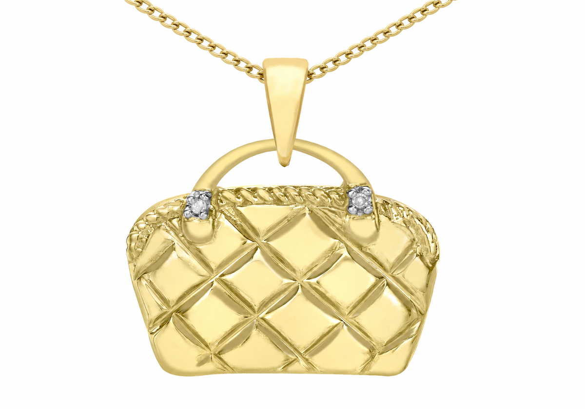 9ct Yellow Gold 0.08ct Diamond Quilted Handbag Pendant Necklace