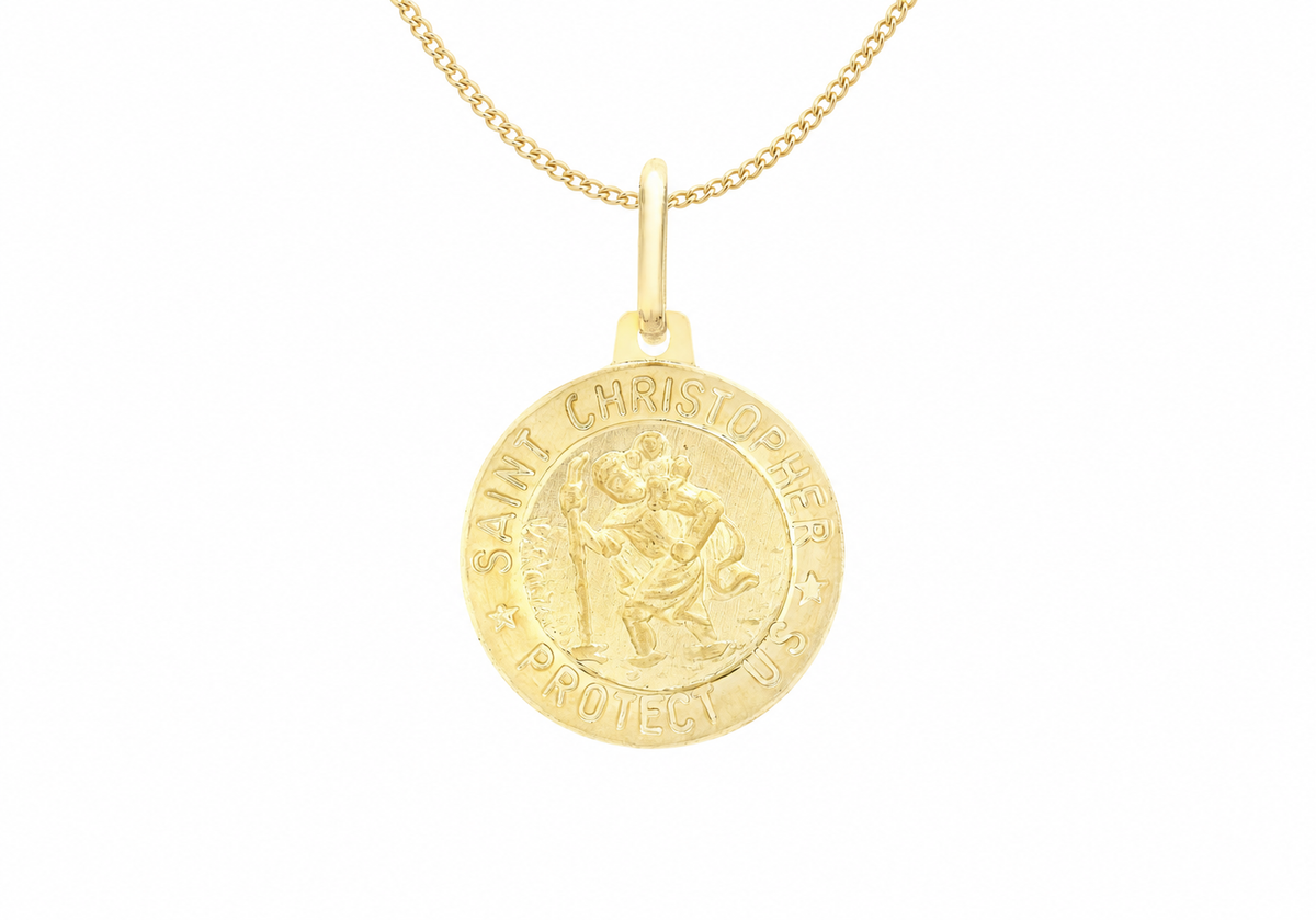 A gold Saint Christopher pendant necklace on a delicate gold chain, shown against a plain white background.