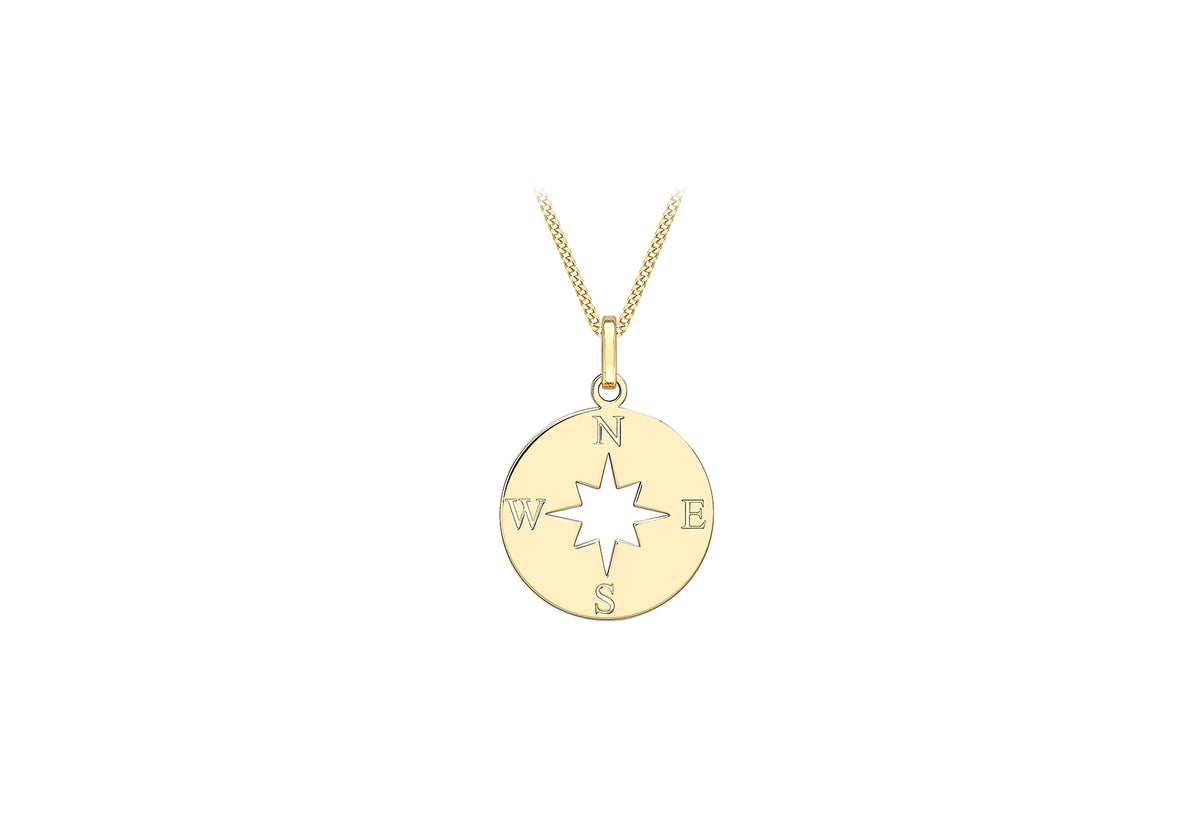 9ct Yellow Gold Compass Rose Disc Pendant Necklace