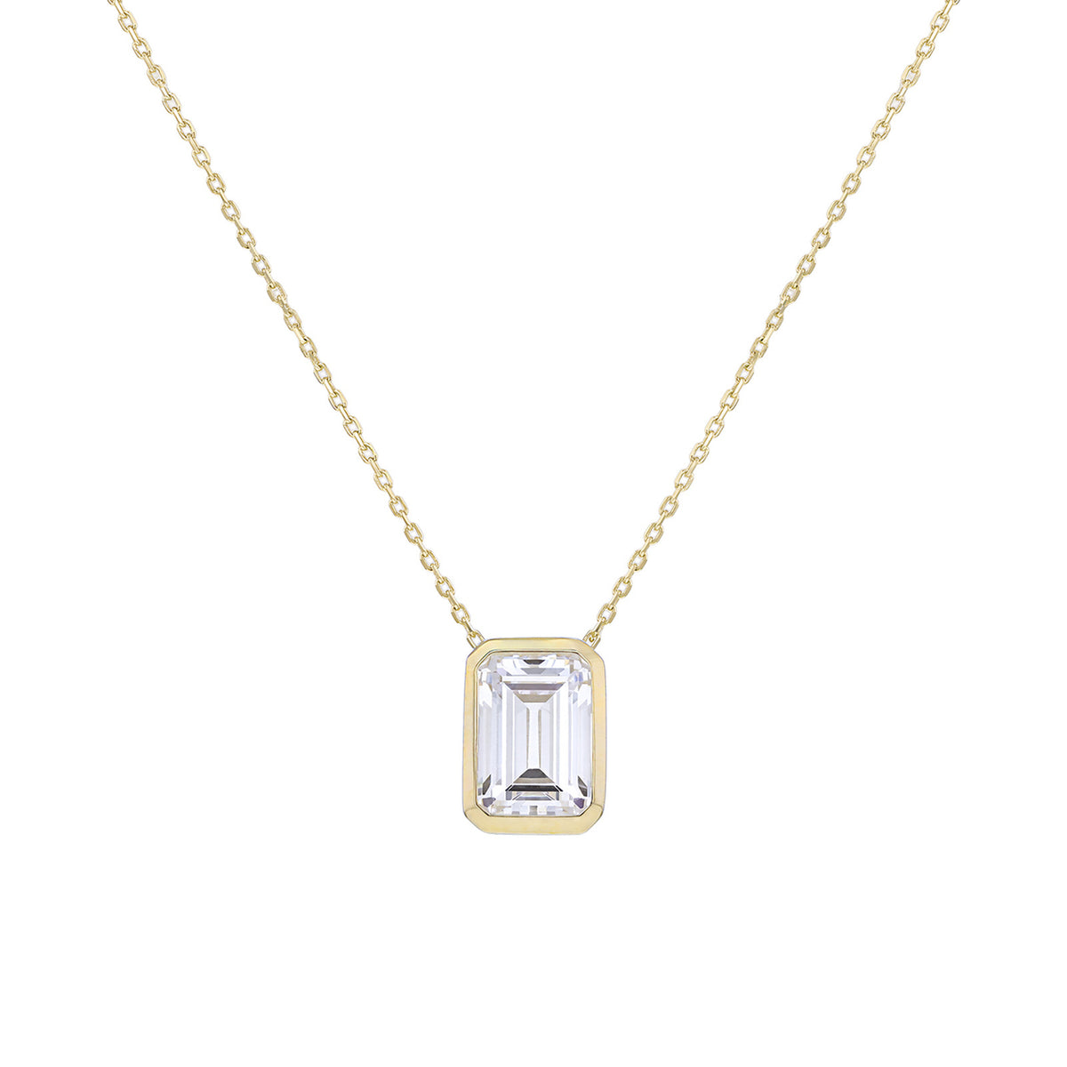 A delicate gold chain necklace featuring a rectangular emerald-cut clear gemstone pendant in a gold bezel setting, shown against a solid white background.