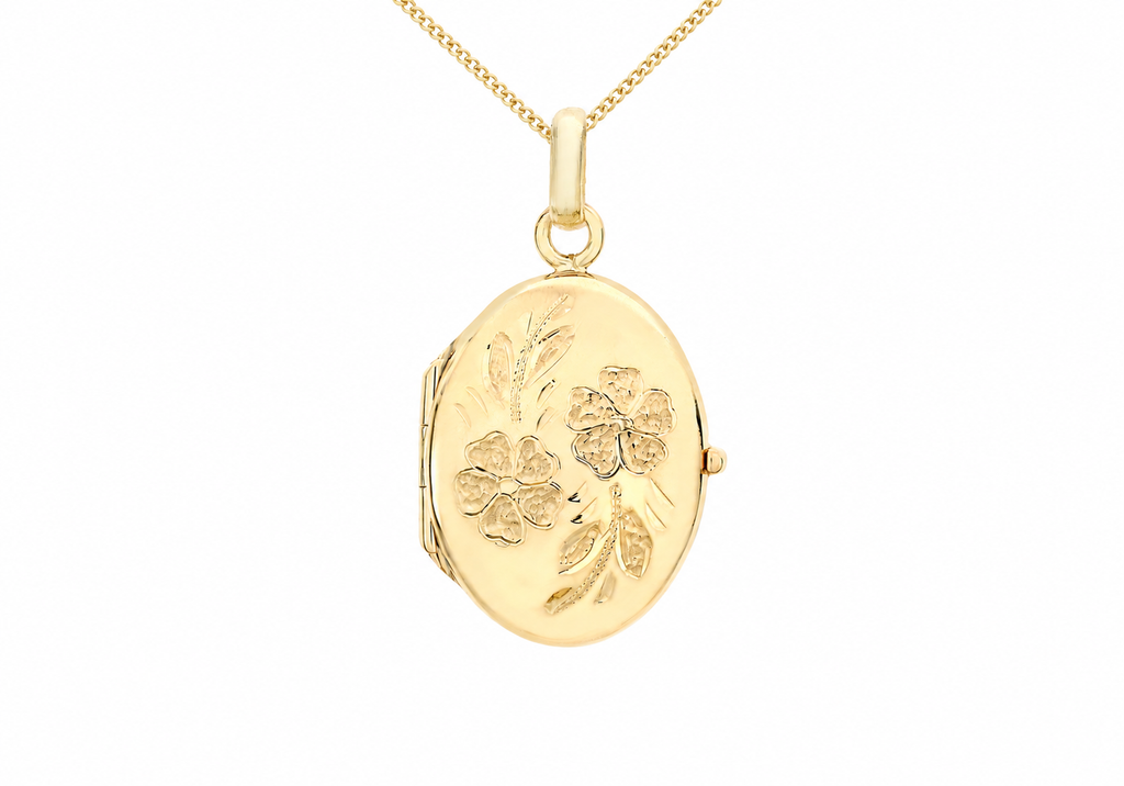 9ct Yellow Gold Engraved Floral Oval Locket Pendant
