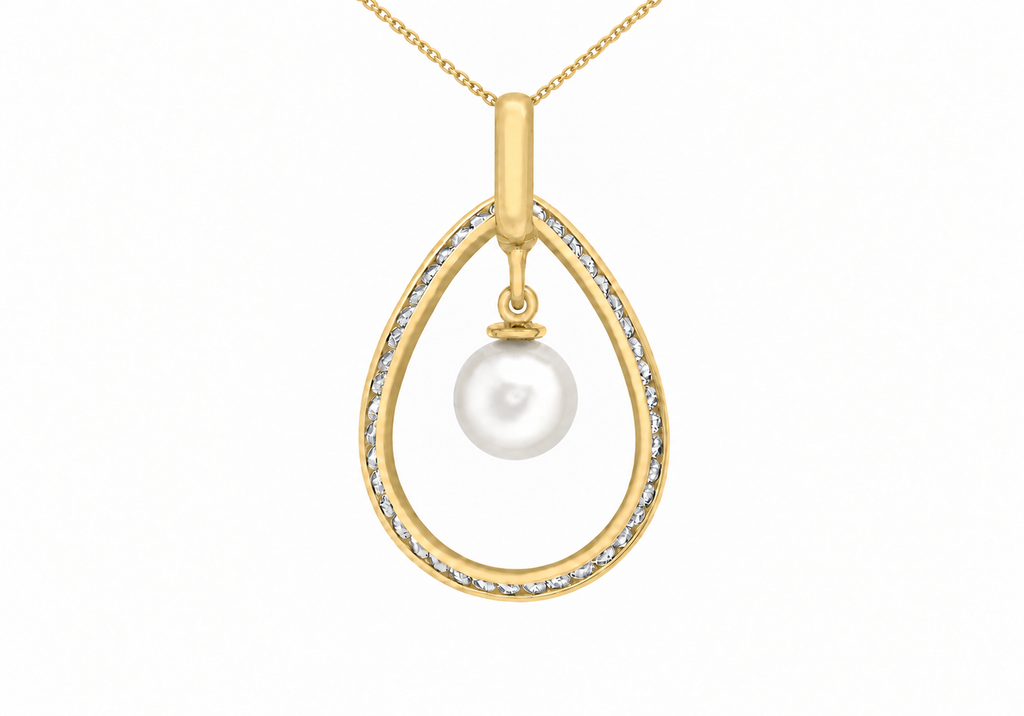 9ct Yellow Gold Freshwater Pearl & Zirconia Teardrop Pendant
