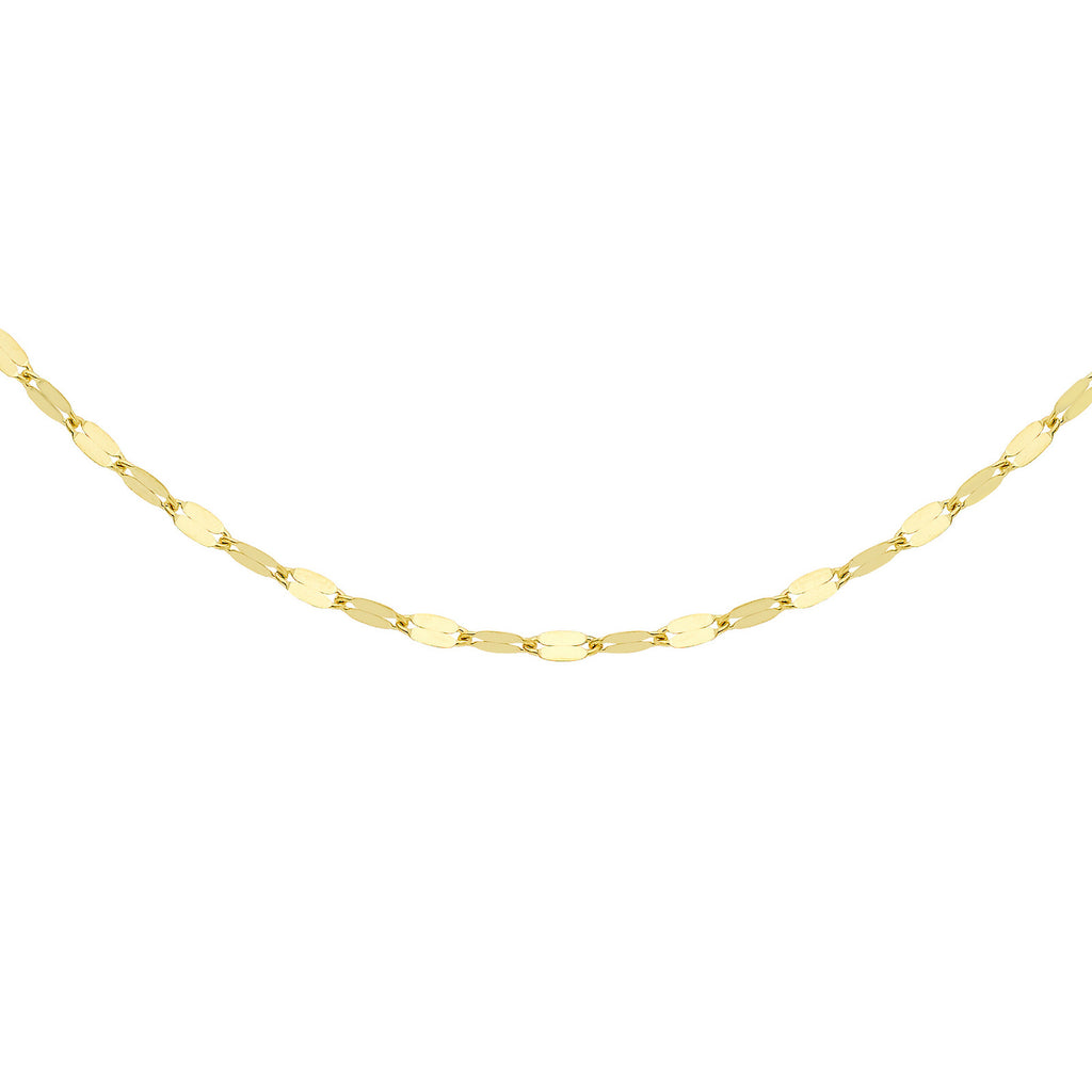 A delicate yellow gold chain necklace with flat, elongated oval links, shown against a plain white background.