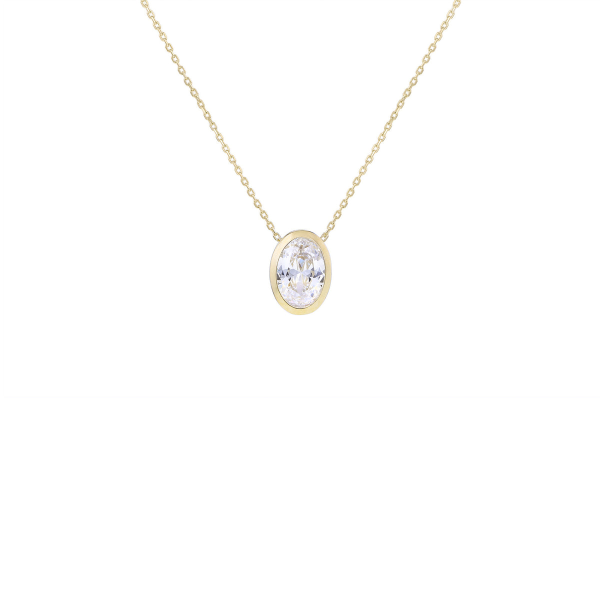 A delicate gold chain necklace with an oval bezel setting holding a clear marquise-cut gemstone, shown against a plain white background.