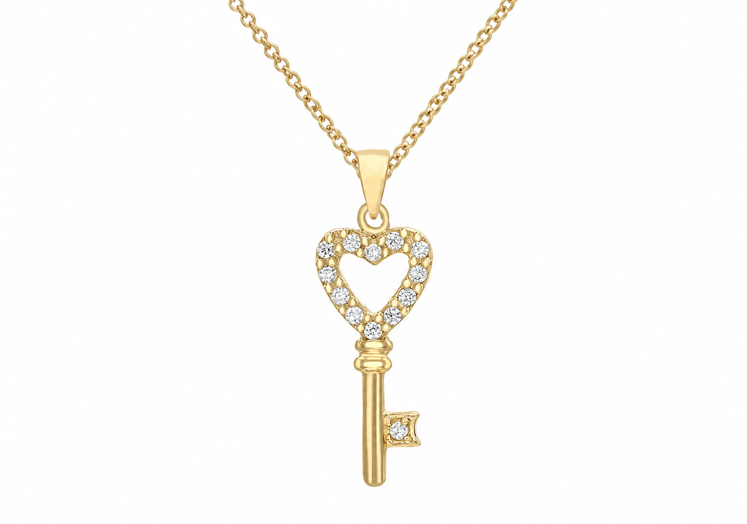 A gold key pendant necklace with a heart-shaped top adorned with small clear stones, shown on a white background.