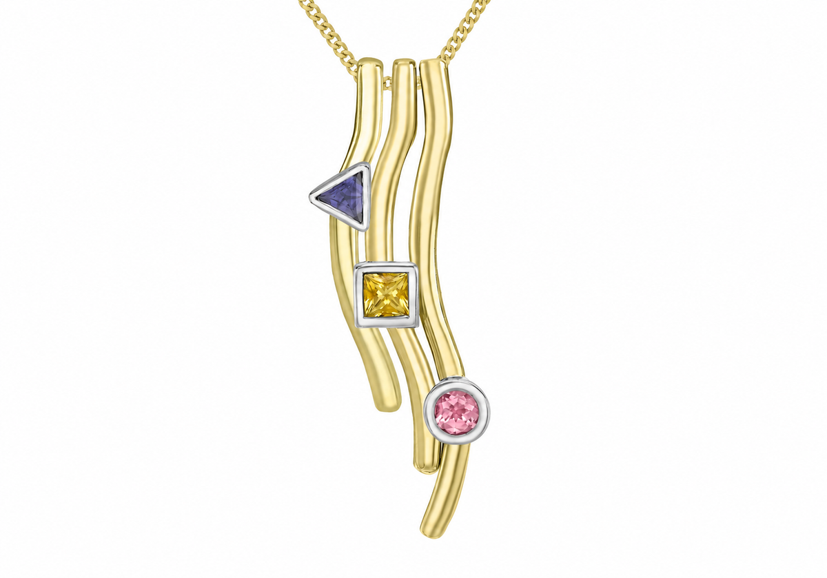 9ct Yellow Gold Pink Tourmaline Citrine and Lolite Gemstone Abstract Pendant