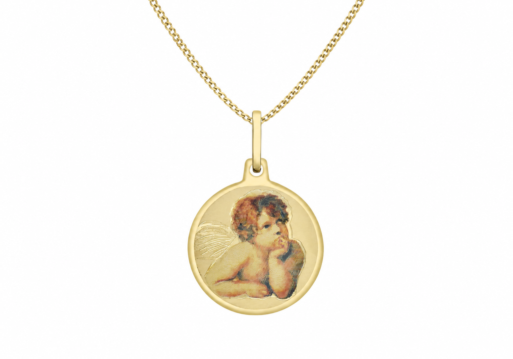 9ct Yellow Gold Raphael Cherub Round Satin Pendant