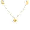 A gold chain necklace featuring three abstract, organic-shaped polished gold pendants, with one larger pendant hanging at the center and two smaller ones at the chain's ends, shown against a solid white background.
