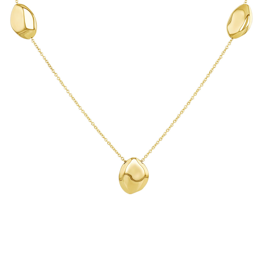 A gold chain necklace featuring three abstract, organic-shaped polished gold pendants, with one larger pendant hanging at the center and two smaller ones at the chain's ends, shown against a solid white background.