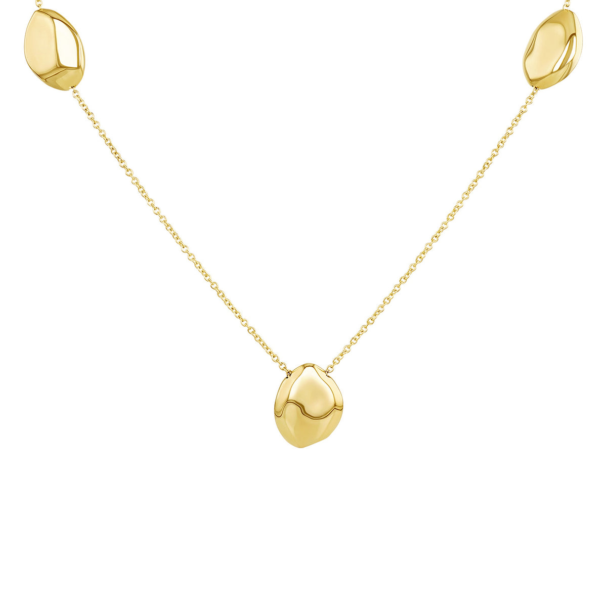 A gold chain necklace featuring three abstract, organic-shaped polished gold pendants, with one larger pendant hanging at the center and two smaller ones at the chain's ends, shown against a solid white background.