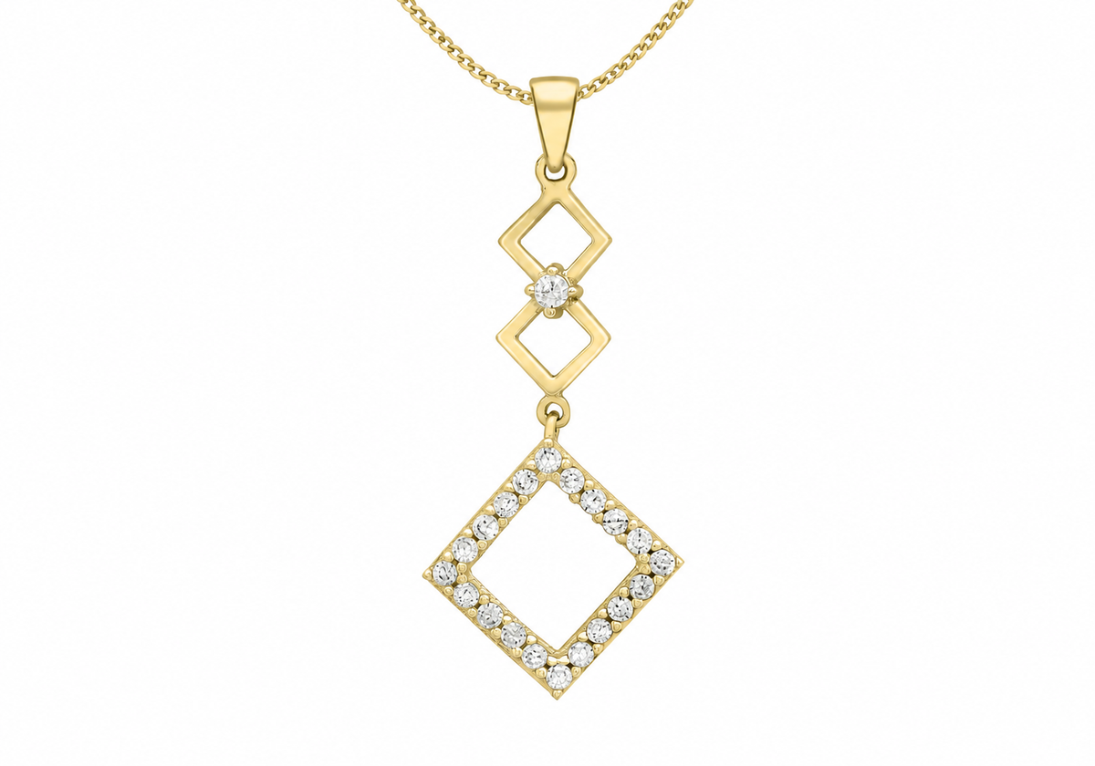 A gold pendant necklace featuring two interlocking diamond-shaped links with a small clear gemstone at the center, and a larger diamond-shaped pendant below outlined with a row of clear stones, shown on a white background.