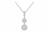 A silver-toned necklace with a multi-stone dangle pendant featuring three graduated round diamond clusters, shown against a plain white background.