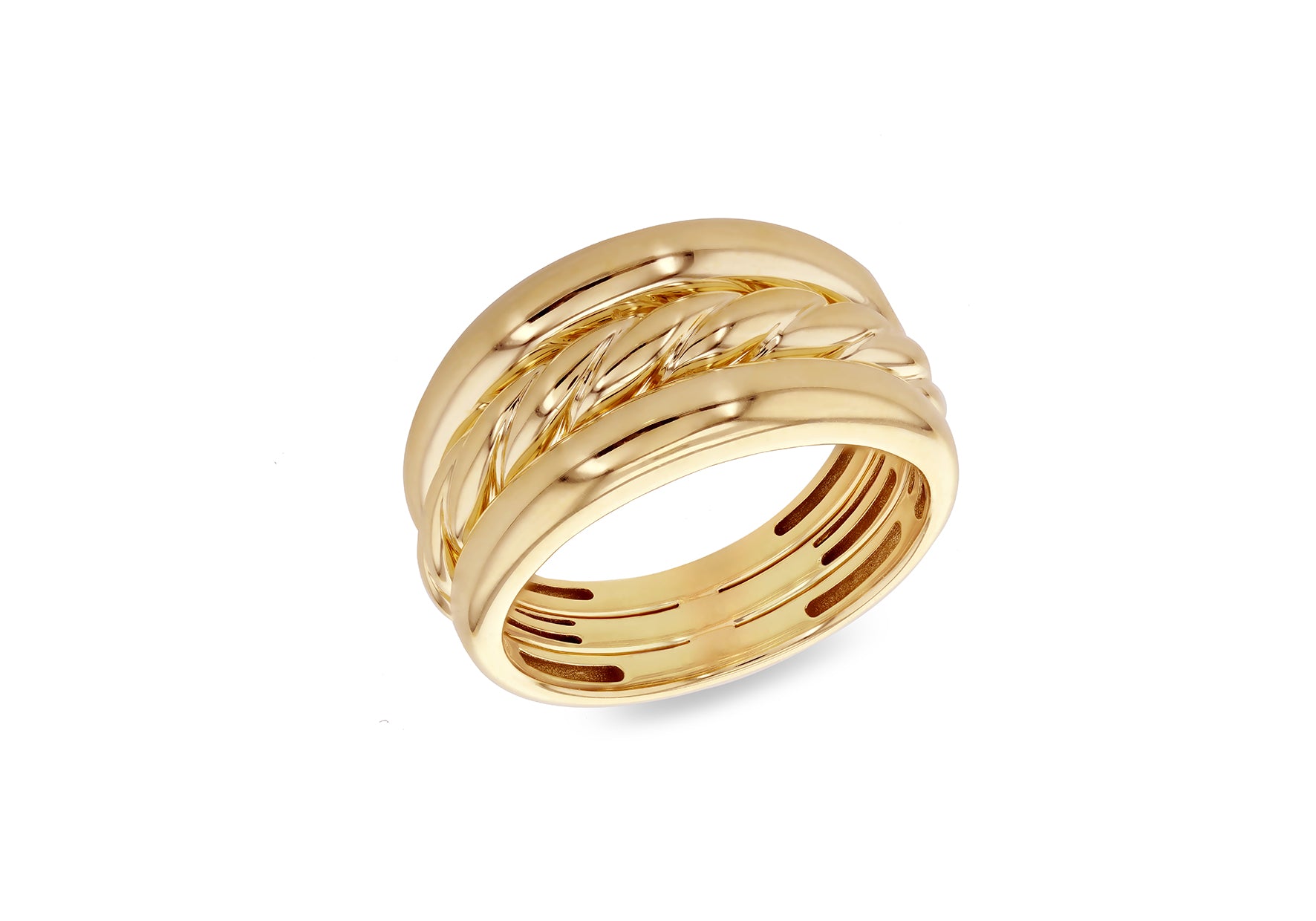 A gold multi-band ring with three distinct textured bands, including a smooth outer band, a polished center band, and a twisted rope-style inner band, shown on a plain white background.