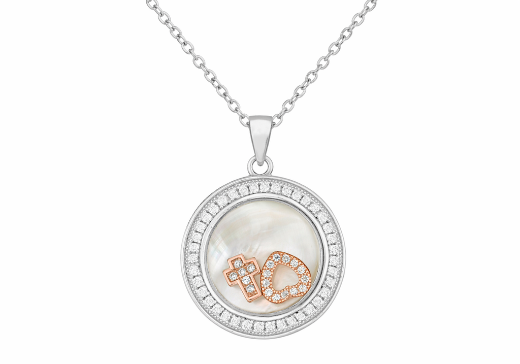 Sterling Silver Zirconia & Mother of Pearl Heart & Cross Charms Pendant