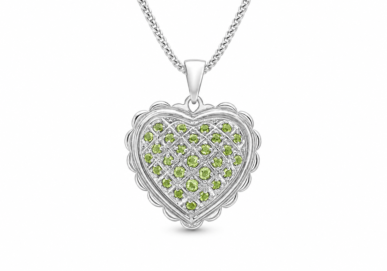 18ct White Gold Peridot Scallop Edge Heart Pendant
